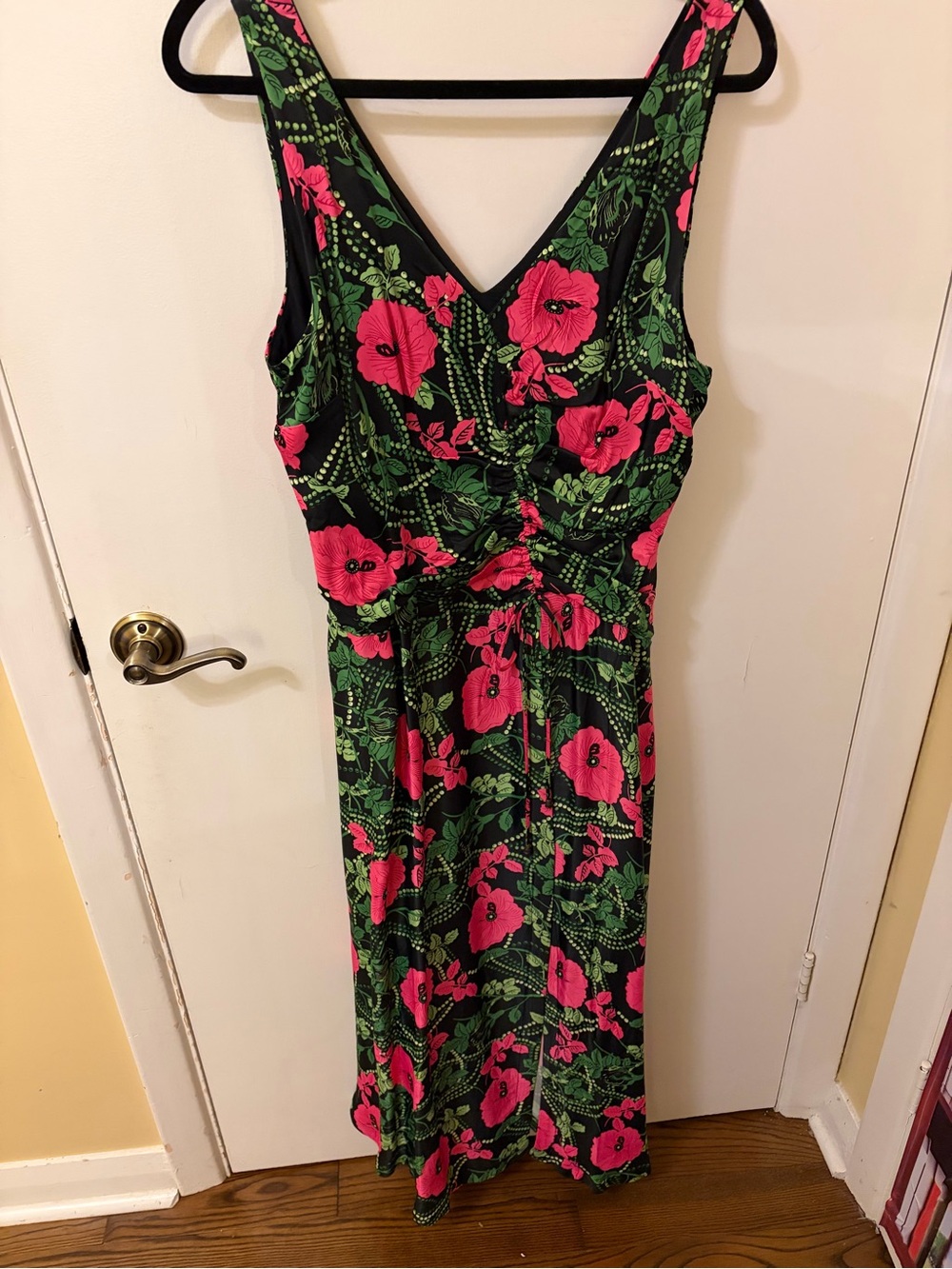 Anthropologie Black Midi Dress with Hot Pink Floral and Green Leaves